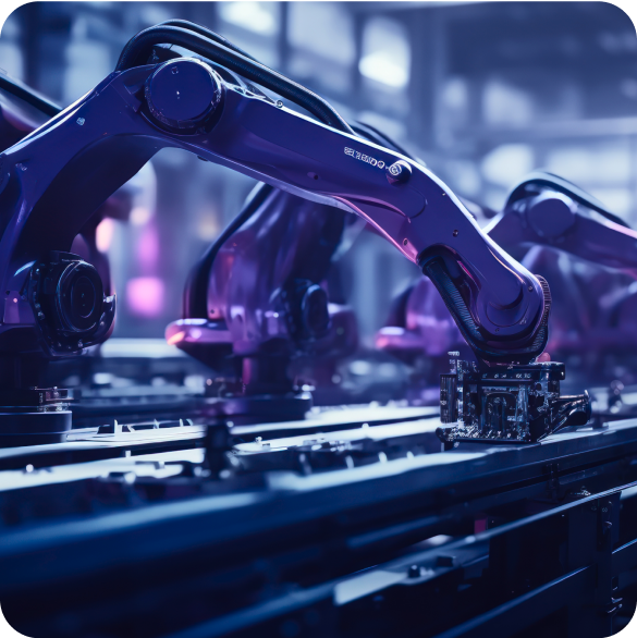 Endüstriyel bir robot kolu, üretim hattında çalışıyor.