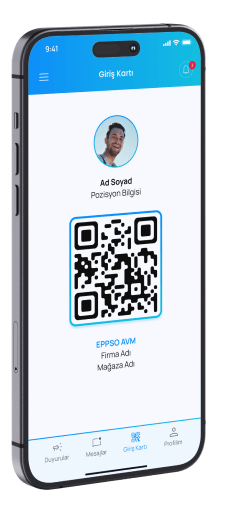 QR kodlu dijital giriş kartını gösteren bir mobil uygulama arayüzü.